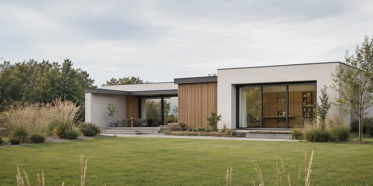 Modernes Flachdachhaus mit großen Fensterfronten und sichtbarem maßgefertigtem Einbauschrank aus Holz.