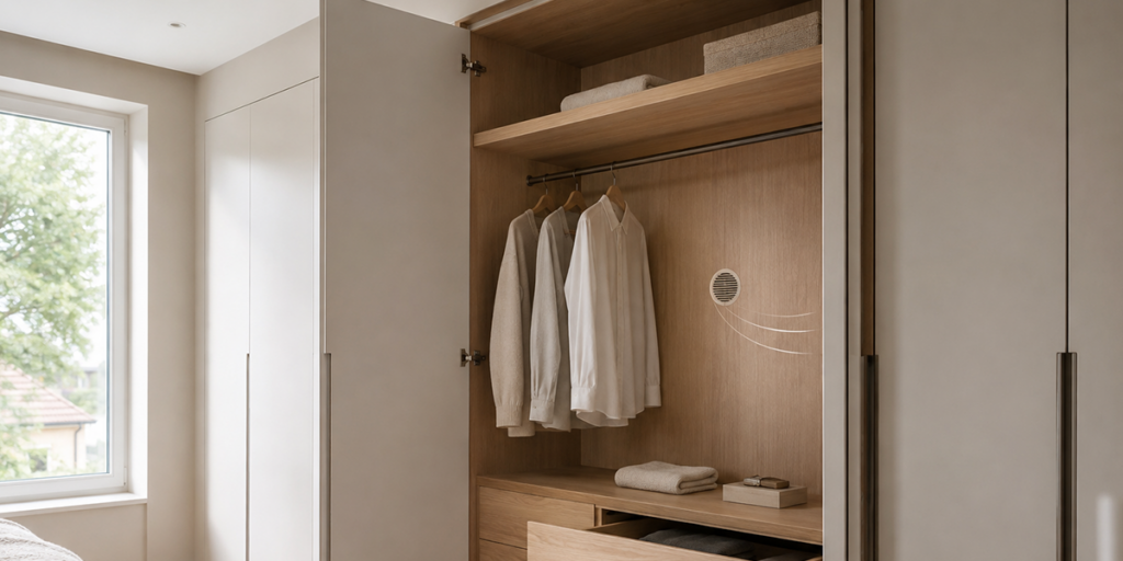 Op maat gemaakte inbouwkast met rond ventilatierooster voor achterventilatie en schimmelpreventie