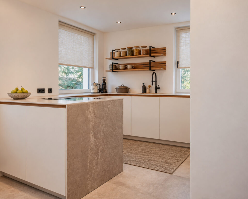 Op maat gemaakte keuken met een kookeiland in steenlook en open wandplanken