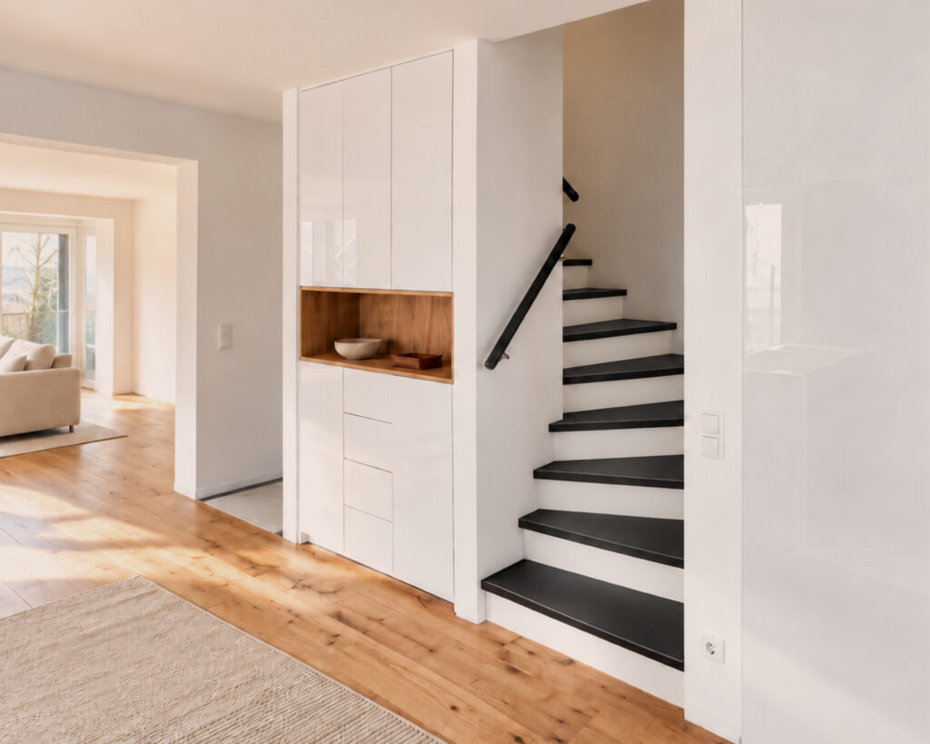 Witte nis-kast op maat met een open houten vak naast de trap