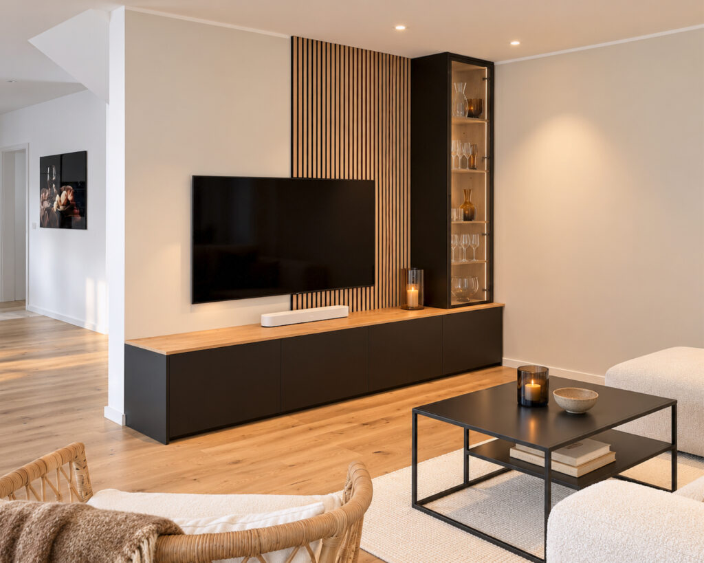 Op maat gemaakte woonwand met zwart lowboard, houten panelen en vitrinekast in de woonkamer