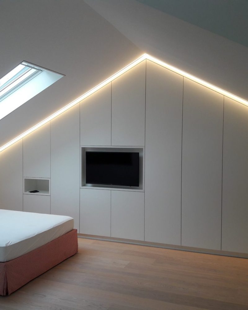 Witte schuine plafondkast met inbouw voor televisie en LED
